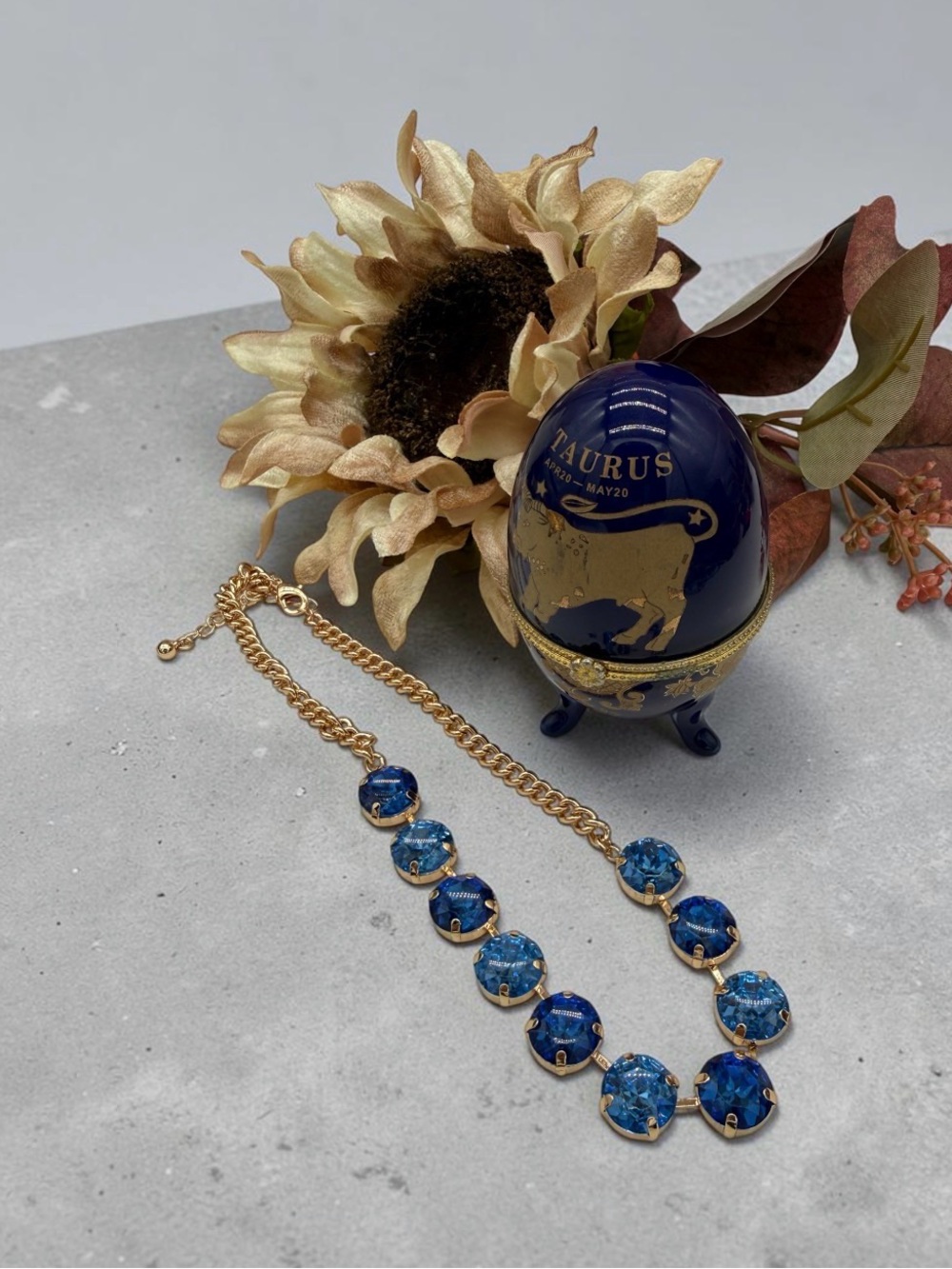 Vintage Taurus Zodiac Porcelain Trinket and Gold Necklace with Blue Rhinestones